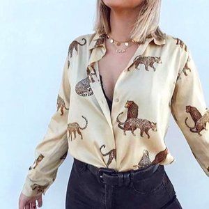 Zara Leopard Safari Cheetah Print Silky Blouse Top Shirt Size Large